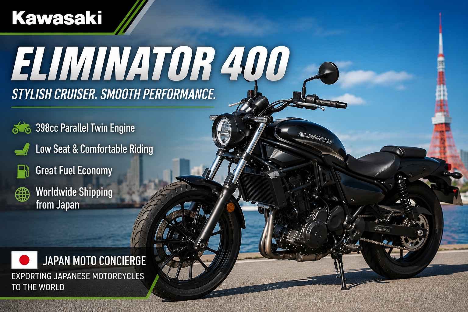 Kawasaki Eliminator 400 for Sale from Japan – Stylish Cruiser Motorcycle Export